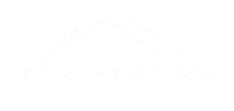 White minimalist logo of a roofline with a chimney above the text “APPLICATION PRO” on a transparent background.